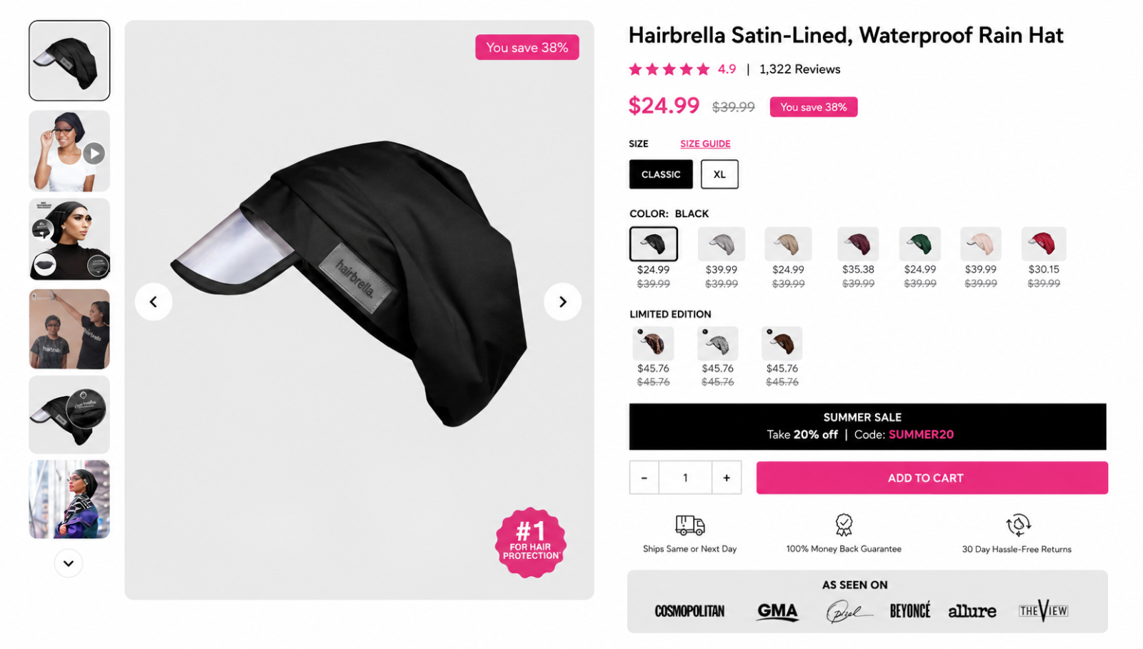 Hairbrella Satin-Lined, Waterproof Rain Hat
